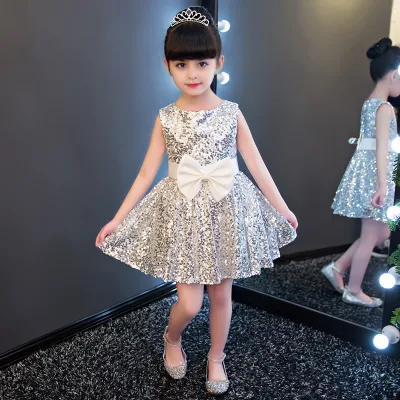 Girl's Birthday Sequin Party Dress Princess Costume Flower Child Dress up Host Dance Piano Performance Silver Sequins Dresses
