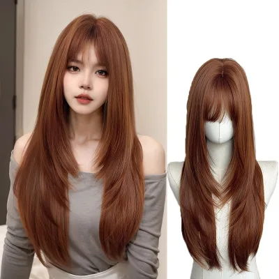 New Daily Style Orange Brown Wig Full Head Cover, Natural and Seamless, High-length Straight Hair Head Cover