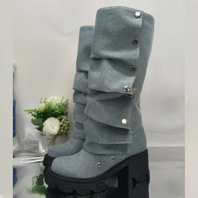 Women S Mid Calf Boots PU Leather Foldover Rivet Detail Lug Sole Block Heel Fashion Boots for Autumn Winter Spring Summer Women