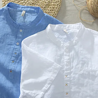 OEM Custom Men's Summer T-shirts Hot Sale Popular Casual Solid Color Men Polo Shirt Pure Linen Button Short Sleeve for Men
