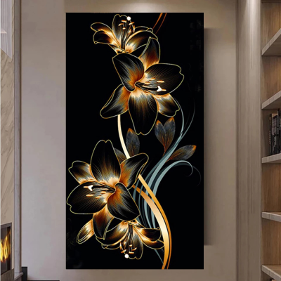 New Arrival Golden and Black Lily Crystal Porcelain Painting Flower Pictures Nordic Art Framed Wall Art