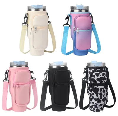 Cup Water Bottle 40 Ounce Tumbler Zippered Purse Pouch Bag with Front Pocket Water Bottle Holder Bag with Strap