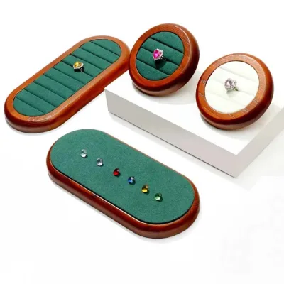 Solid Wood Oval Ring Display Tray, Wooden Loose Gemstone Plate With Velvet Liner for Jewelry Counter