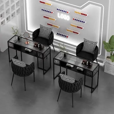 2025 Modern Light Luxury Manicure Table and Chair Set Marble Iron Manicure Table Glass Surface Single Double Triple Economical
