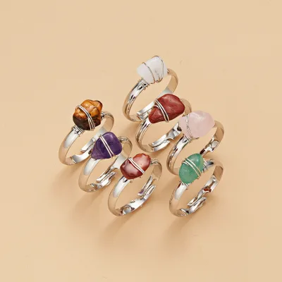Factory Price Silver Adjustable Stone Rings Multi Color Healing Irregular Crystal Stone Rings