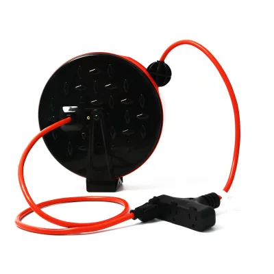 30Ft Retractable Extension Cord Reel with 3 Electrical Power Outlets - 16/3 Durable Red/Black -SVT/SJT/SJTW
