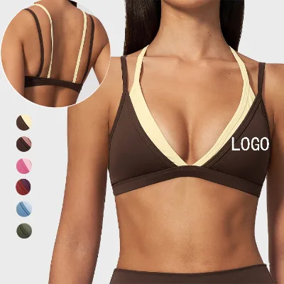 Second Skin Padded Yoga Bra Fake Two-piece Shoulder Strap Fitness Bra Color Blocking Women's Sports Bra