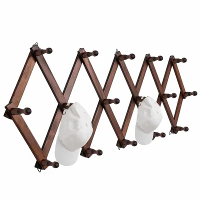 16-Hook Expandable 16-inch Wooden Wall Hat Rack for Bathroom for Baseball Caps Cowboy Hat Bag Hoodie-Brown