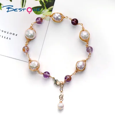 14K Gold Plated Green Elegant Natural Freshwater Pearl Bracelet Women