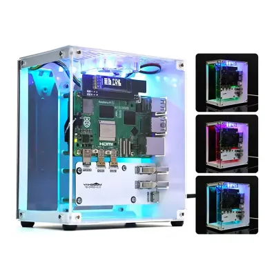 Raspberry Pi 5 CUBE Pi Protective Case with Cooling Fan & RGB Color Light 0.91" OLED DIY Electronic Project Kit Support M.2 SSD