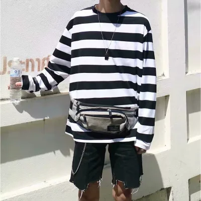 Striped Long-sleeved T-shirt for Men Hong Kong Style Autumn Thin Loose Top for Teenagers Casual Versatile Sailor