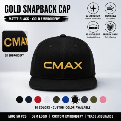 Wholesale Black Flat Brim Snapback Hat Personalized Gold Embroidered Logo Adjustable Closure Unisex