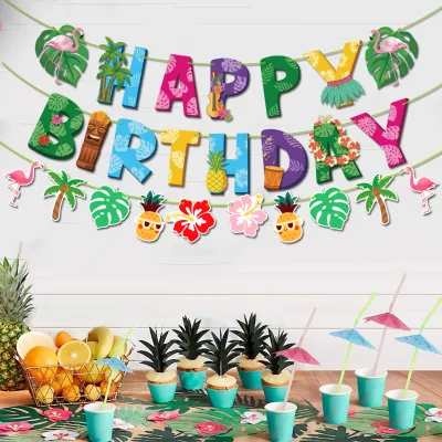 Hawaiian Party Decoration Birthday Paper Banner Flamingo Turtle Back Leaf Flower Cake Flag Party Decoration Party Supplies