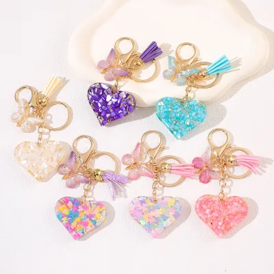 Glitter Sequins Heart Keychain Butterfly Tassel Charm Key Ring Sweet Resin Heart Bag Pendant Decoration for Women Girls