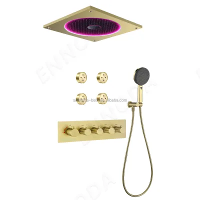 New Luxury Bathroom LED Rainfall Massage Showerhead High-quality Brass Big Water Flow 4 Ways Thermostatic Shower Set