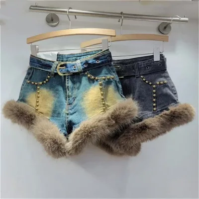 ZHEZHE Women's Denim Shorts Spliced Plush Fur Washed Do Old Rivets Wide Leg A-line Short Pants