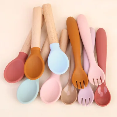 Wholesales Bulk Custom BPA Free Baby Feeding Wooden Handle Fork Food Grade Silicone Spoon Fork Set Silicone Spoon Fork