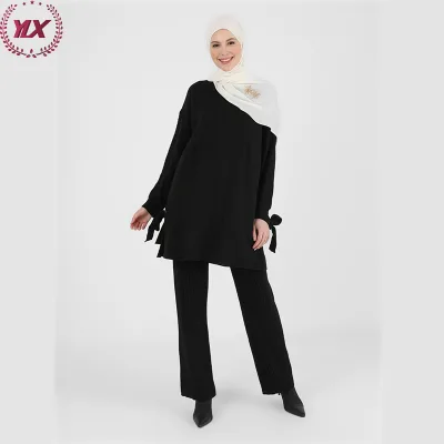 2023 Islamic Muslim Dubai Malaysia Solid Color Sets Fashion Design 2 Piece Casual Knit Suits