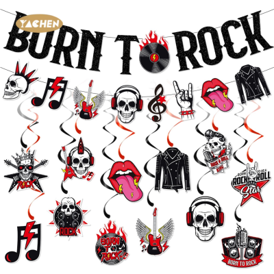 Yachen Rock and Roll Party Decorations Born to Rock Glitter Banner Rock and Roll Hanging Swirls for Music Theme Party Supplies