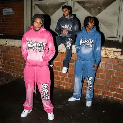 Y2K Streetwear Distressed Vintage DTG Print Tech Fleece Tracksuit Flared Sweatpants and Hoodies Set Mens Tracksuit