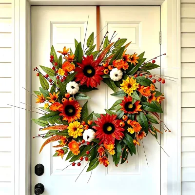 Artificial Sunflower Pumpkin Berry Wreath Silk Leaves Garland for Home Family Weddings Front Door Garden Thanksgiving Decoration