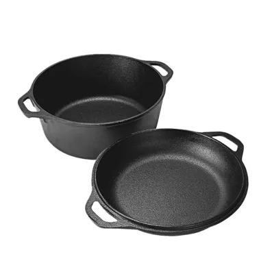 Supermarket Best Pre-Seasoned Eco-Friendly Enamel Coated Cast Iron Cookware Casserole 2-In-1 Double Dutch Ovens Set Skillet Lid
