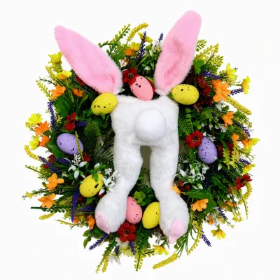 Easter Bunny Wreath White Plush Rabbit Hiding Eggs Daisy Flowers Spring Door Hanging Decoration 45cm 55cm