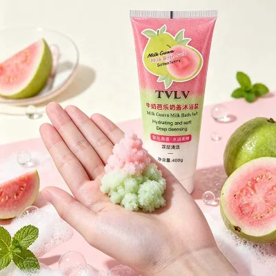 400g Milk Guava Bath Salt Exfoliating Body Scrub Deep Cleansing Soften Horny Skin Hydrating Body Shower Salt for Skin Care