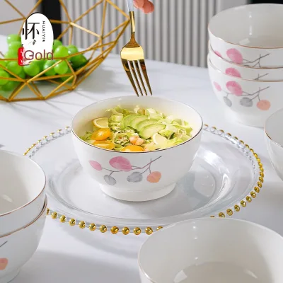 Small Fresh Chinese Ceramic Rice Bowl High Quality Tableware Heat Resistant Anti-scalding Microwave Safe Leaf Branch Pattern
