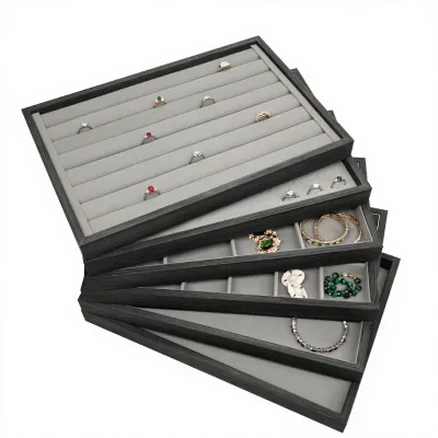 Wholesale Luxury Black 12 24 Grids Wood Grain Velvet Lining Jewelry Display Packaging Tray for Ring Earrings Necklace Pendant