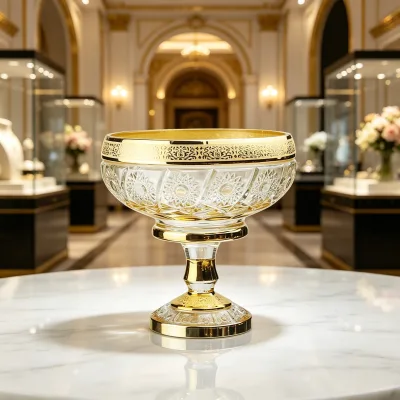 Vintage Sunflower Embossed Gold Rim Pedestal Glass Fruit Bowl Footed Dessert Compote Eco-Friendly Bohemian Party Luxury Table