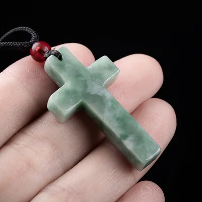 Natural Grade-A Jade Cross Pendant Necklace Bamboo Christian Fortune-Blessing Charm Men Women Style Wholesale Available