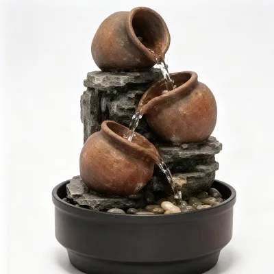 Rustic Terracotta Pot Tabletop Water Fountain with LED Light and Rock Base for Desktop Zen Decor