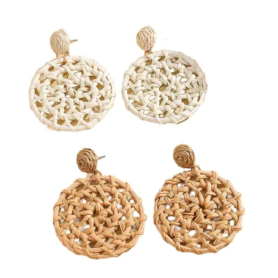 Best Selling Green Bamboo Wood Raffia Rattan Earrings New Fashion Design Korean Handmade Drop Earrings With Gold Plating Gift
