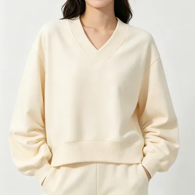 V Neck Cropped Women Sweatshirt French Terry Puff Sleeve Custom Plain Color Oversized Drop Shoulder Boxy Fit Sweatshirt 280gsm