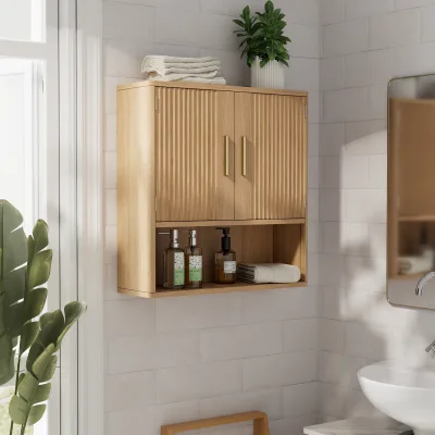 Modern MDF Adjustable Shelves Wall Mounted Bathroom Cabinet Natural Oak Color Floating Storage with Open Shelf
