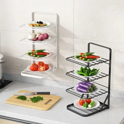 Foldable Iron 4 Tier Kitchen Prep Rack Countertop Food Plate Organizer Holder Space Saving for Vegetable Fruit