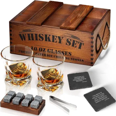 Whiskey Stones Set Rectangle Carved Wooden Gift Box with Glasses-Customizable Multifunction Design