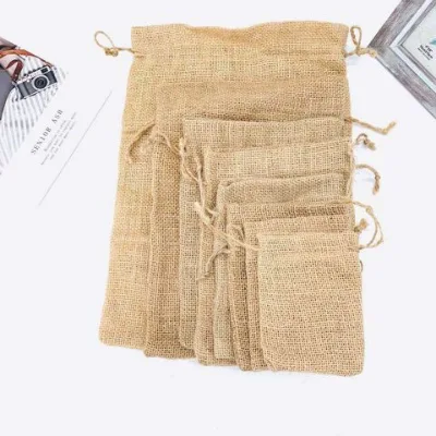 Hot selling drawstring jute bag, small drawstring bag, retro woven small sack, storage jute drawstring bag
