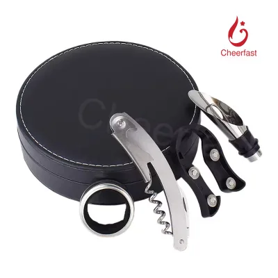 Nice Gift Wine Bottle Opener Kit Wine Tool Set Round Pu Leather Gift Box Set Stainless Steel Wine Accessories 4 Peaces Set Gift