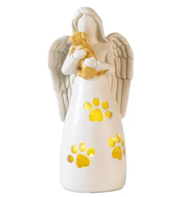 New Design Eco-Friendly Dog Memorial Gifts Resin Angel Holding Dog Figurine Art Deco LED Light Thanksgiving Home Decor Souvenir