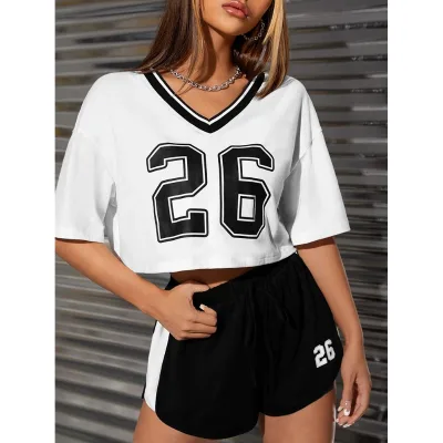 Number Print Striped Tee & Shorts Two Piece Set Casual Sport Women Spring Summer Crop Top and Shorts Set