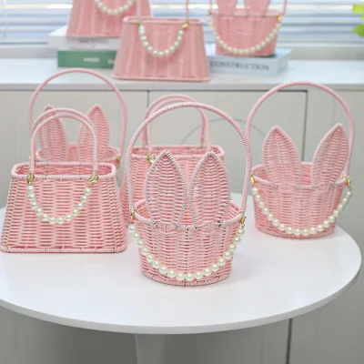 Pink Rabbit Ear Plastic Rattan Gift Basket with Pearl Decor Storage Basket for Flower Wedding Kids Birthday Gifts Packing