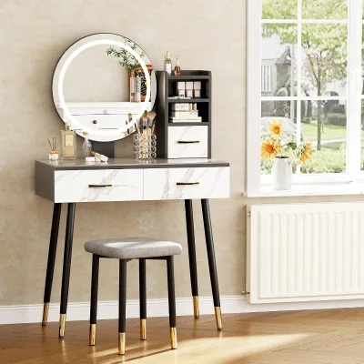 Small Vanity Desk with Mirror and Lights, Dressing Table with  Drawer and Open Shelves, Rock Board Top Dressing Table