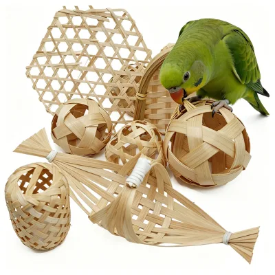 Handwoven Bamboo Parrot Foraging Toys Multi-Shape Natural Bird Biting & Shredding Toys for Parrots, Budgies, Cockatiels, Conures