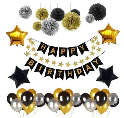 Gold and Black Happy Birthday Banner Pom Pom Star Hanging Banner Birthday Party Decorations for Women Men Kids