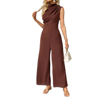 European American Summer Best-Selling Casual Elegant Commuter-Style Jumpsuit Sleeveless Solid Color Swing Collar