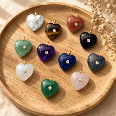 Natural Stone Heart Pendant Assorted Color Gemstones Crystal Center Gold Bail Polished Gold Plated Jewelry Gift Making