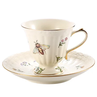 European Insect Patterned Ceramic Coffee Cup and Plate Set