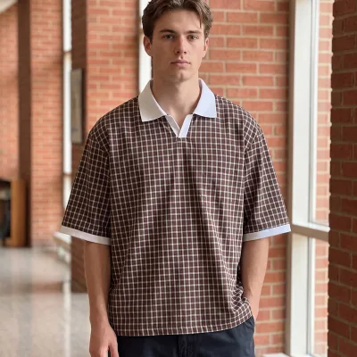 Cotton Blend Men Oversized Plaid Polo Shirt 110GSM Summer Streetwear Color Block V Neck Tee Shirt
